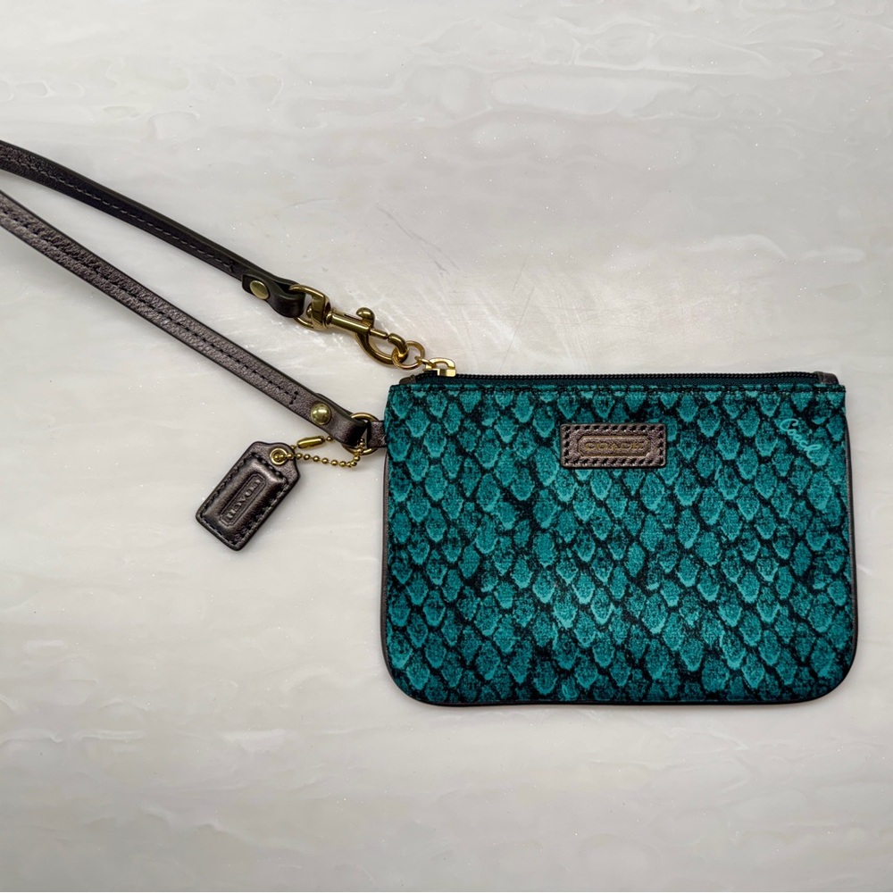 Teal Authentic Coach Snakeskin Wristlet Pouch with Wrist Strap